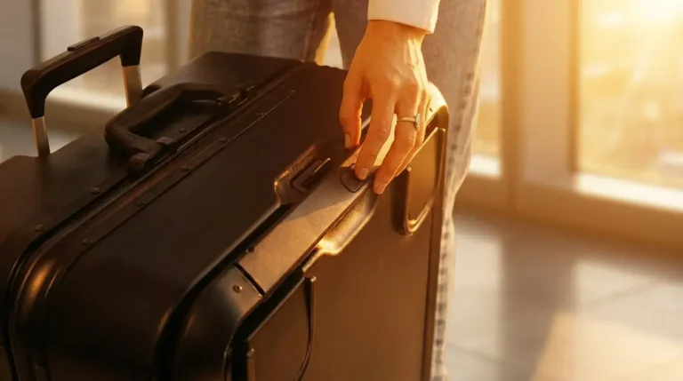 Persona con maleta rígida negra sostiene asa superior, fondo de aeropuerto y luz solar entrante