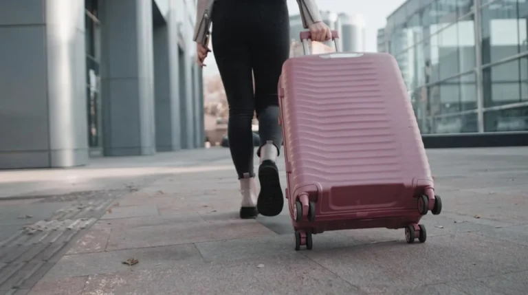 viajera llevando equipaje de mano en la ciudad